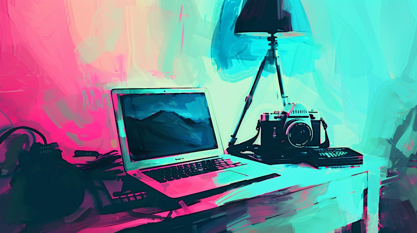 a laptop and camera sitting on a desk