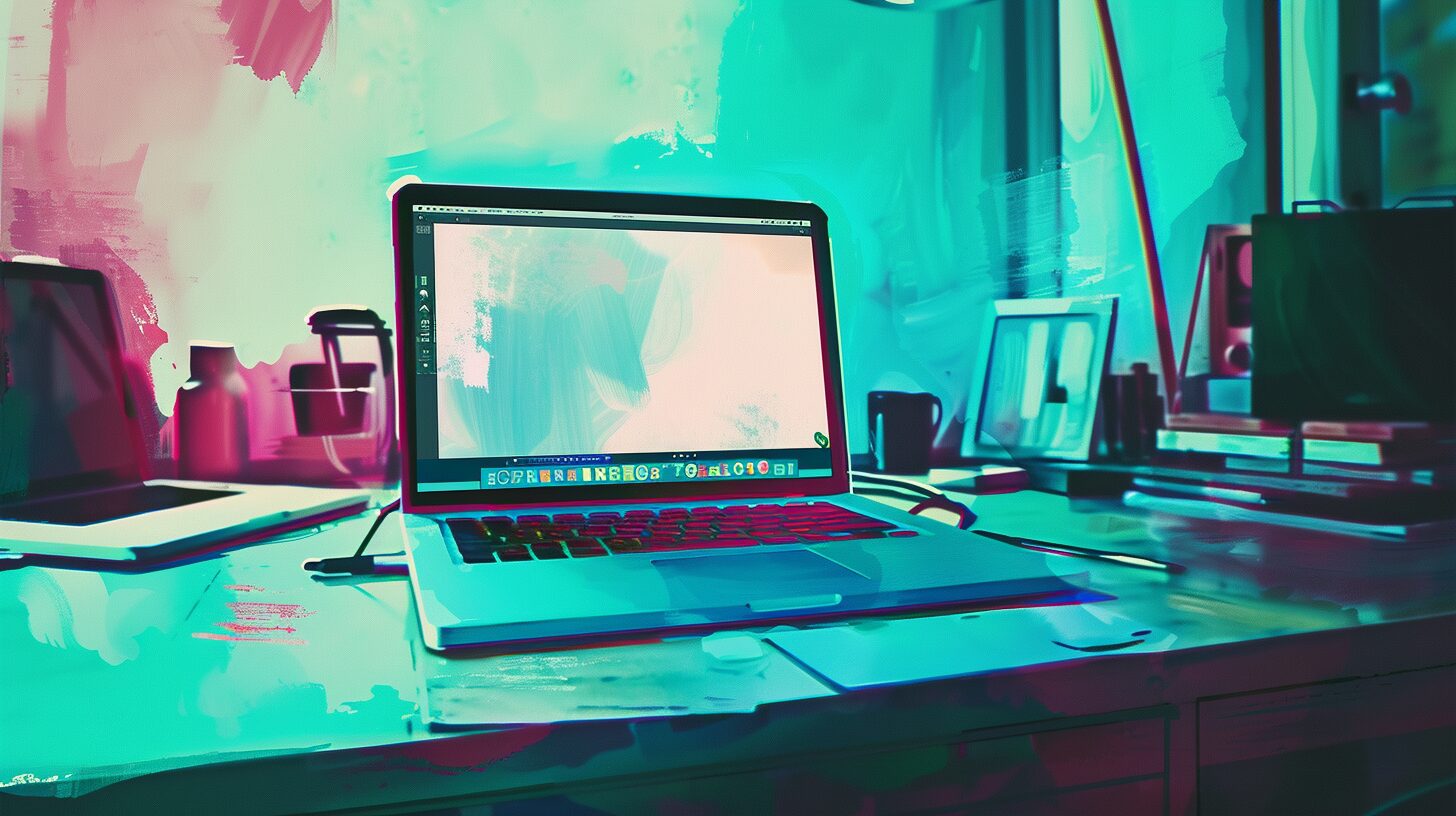 a laptop sitting open on a workdesk with photo editing software on the screen