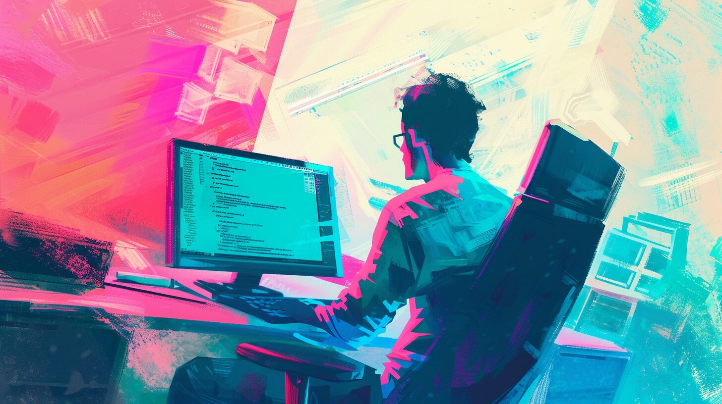 a watercolor depiction of a man coding on a desktop computer