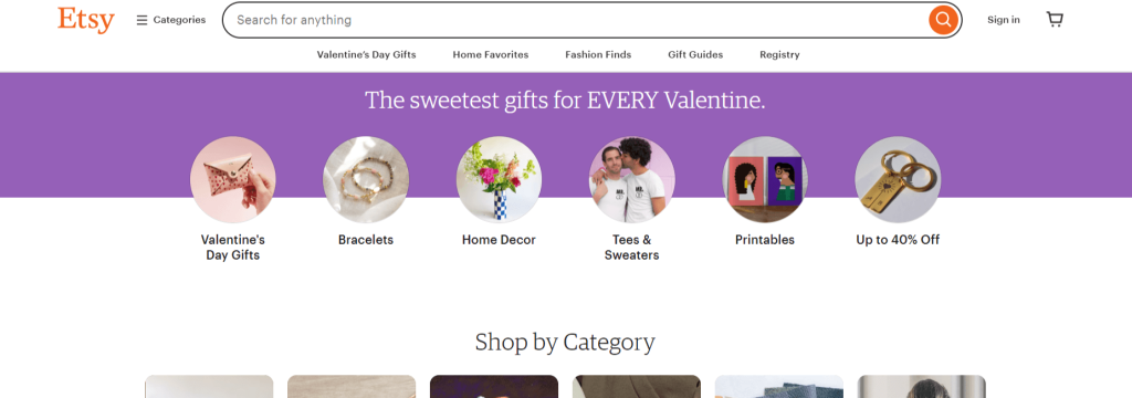 Etsy's landing page. 