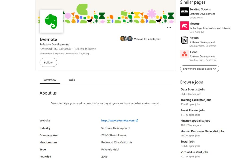 Evernote's LinkedIn profile with a photo of its logo and a banner of abstract elements within the image.