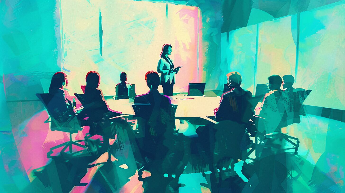 a person standing at the front of a conference room leading a meeting, with a group of people seated at a conference table in front of her