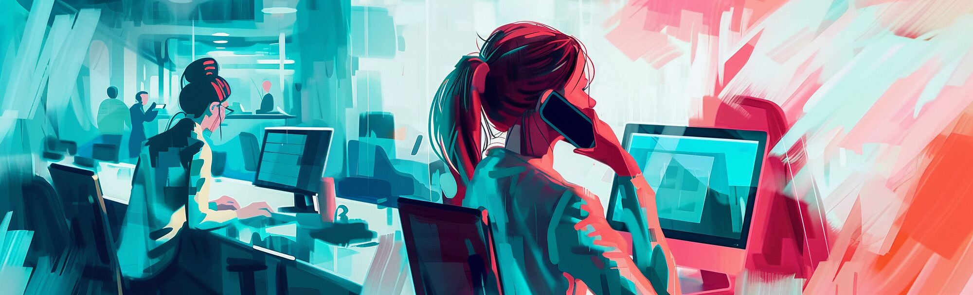 a woman sitting in front of a computer talking on the phone