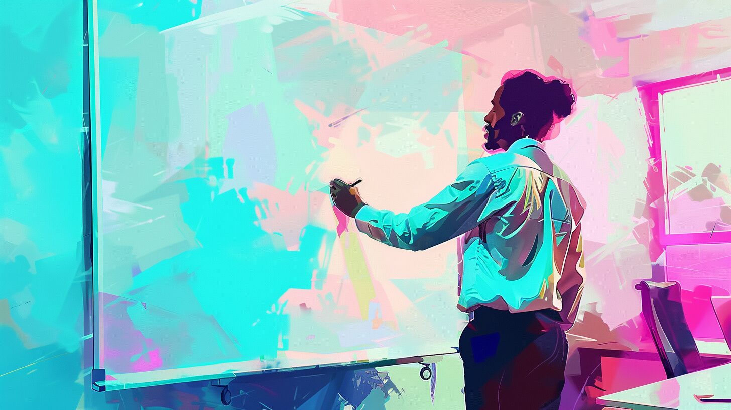 a watercolor depiction of a man writing on a whiteboard in a conference room