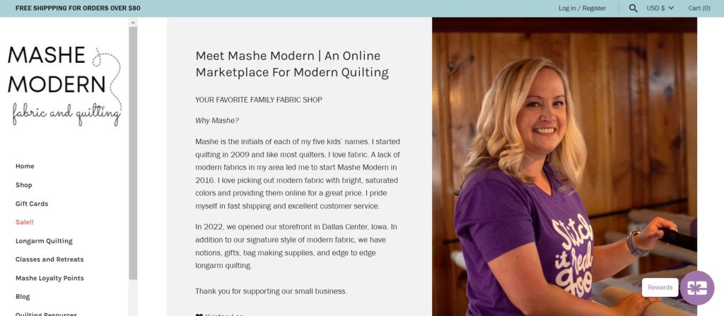 mashe modern about page screenshot with photo of founder