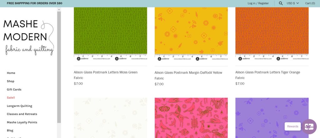 mashe modern screenshot showing product category listing with multiple fabric images