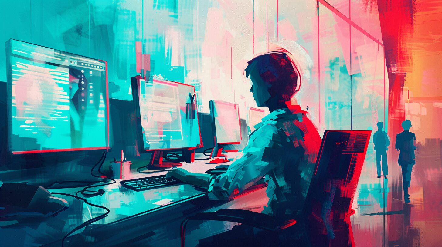 a person sitting at a workdesk looking at a website wireframe on their computer