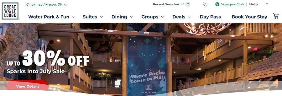 screenshot of great wolf lodge website navigation