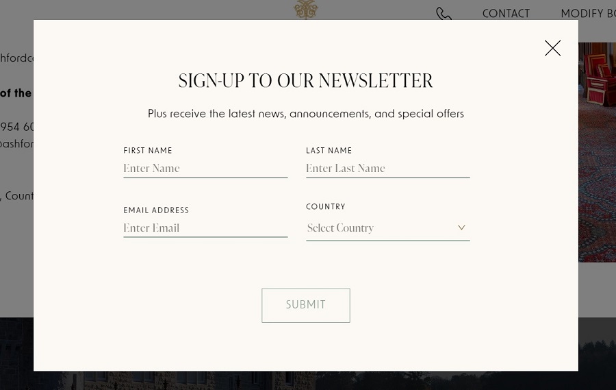 newsletter popup on ashford castle website