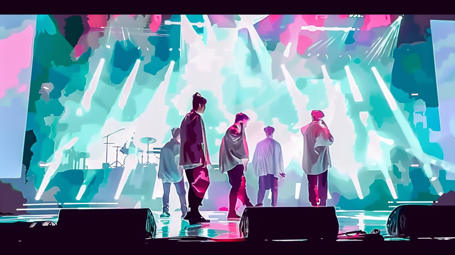 a watercolor depiction of a boyband walking around on a stage