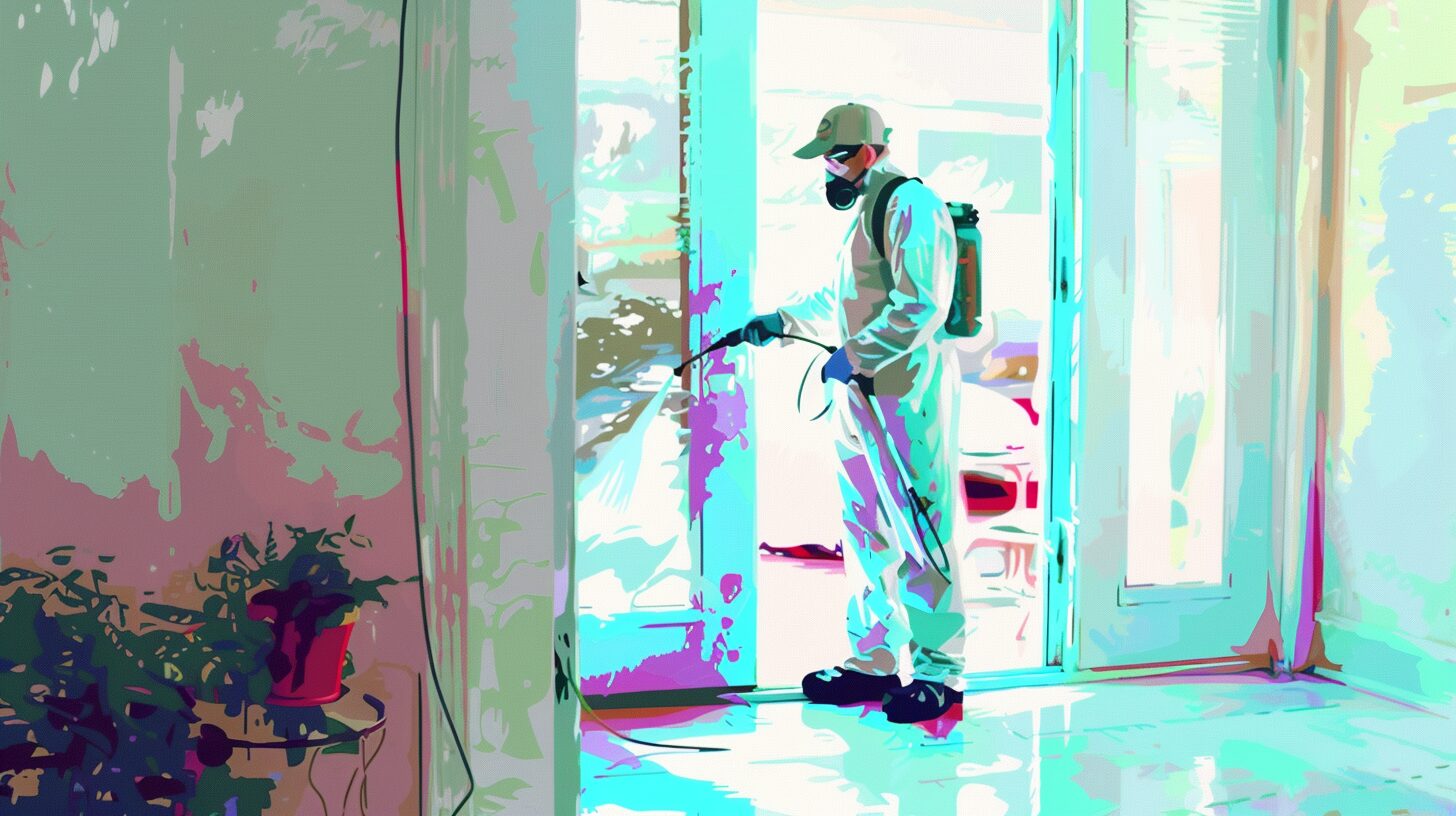 a watercolor depiction of a pest control specialist spraying the entryway of a home