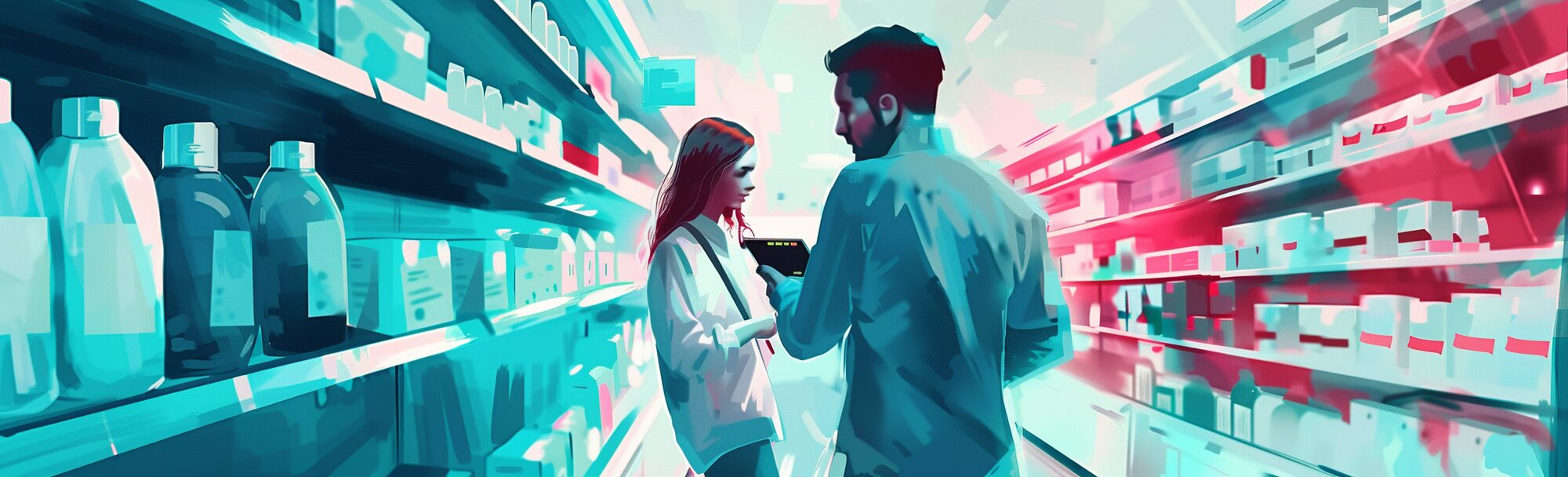 two people examine products on store shelves