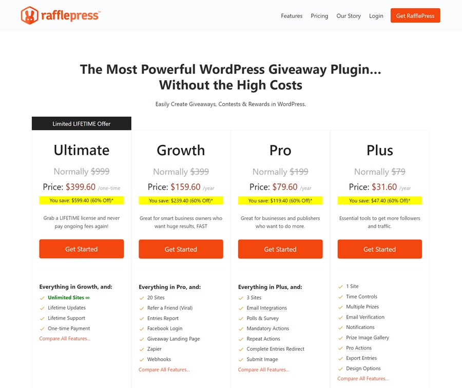 rafflepress pricing screenshot