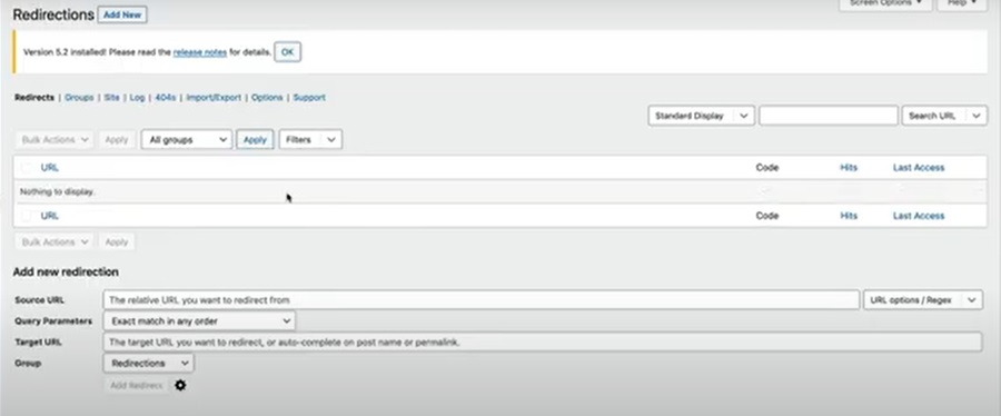 screenshot of redirection dashboard