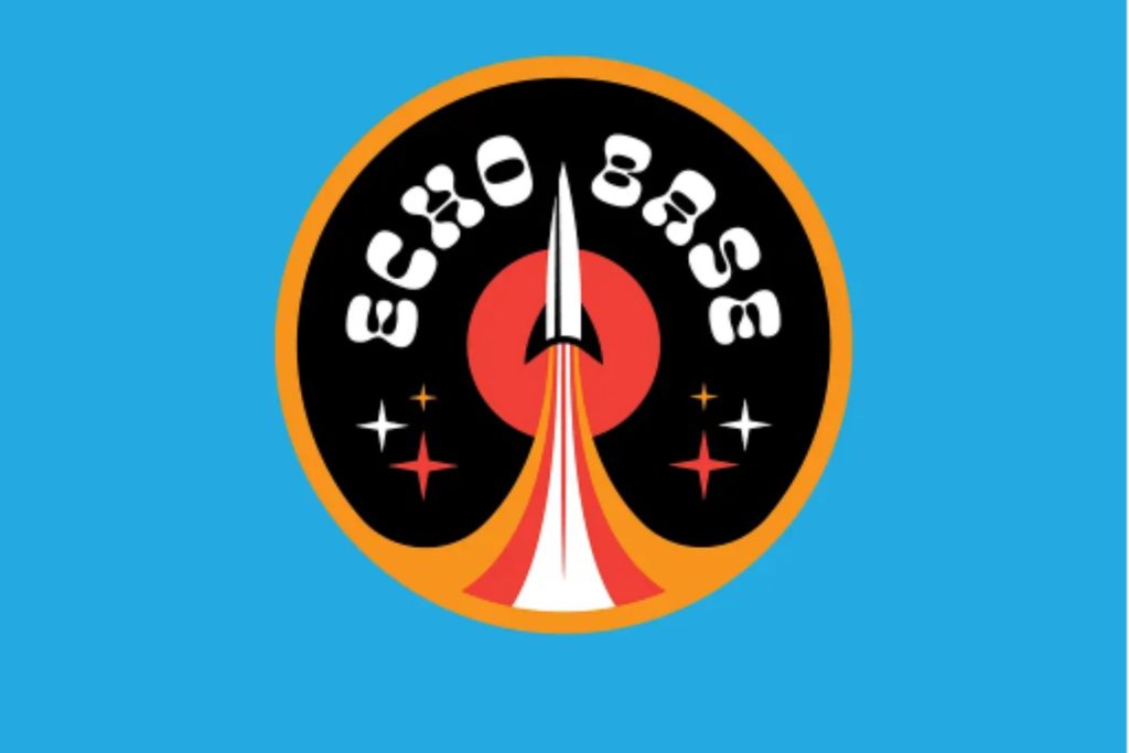 A retro-style logo featuring a rocket launch and fururistic typography.