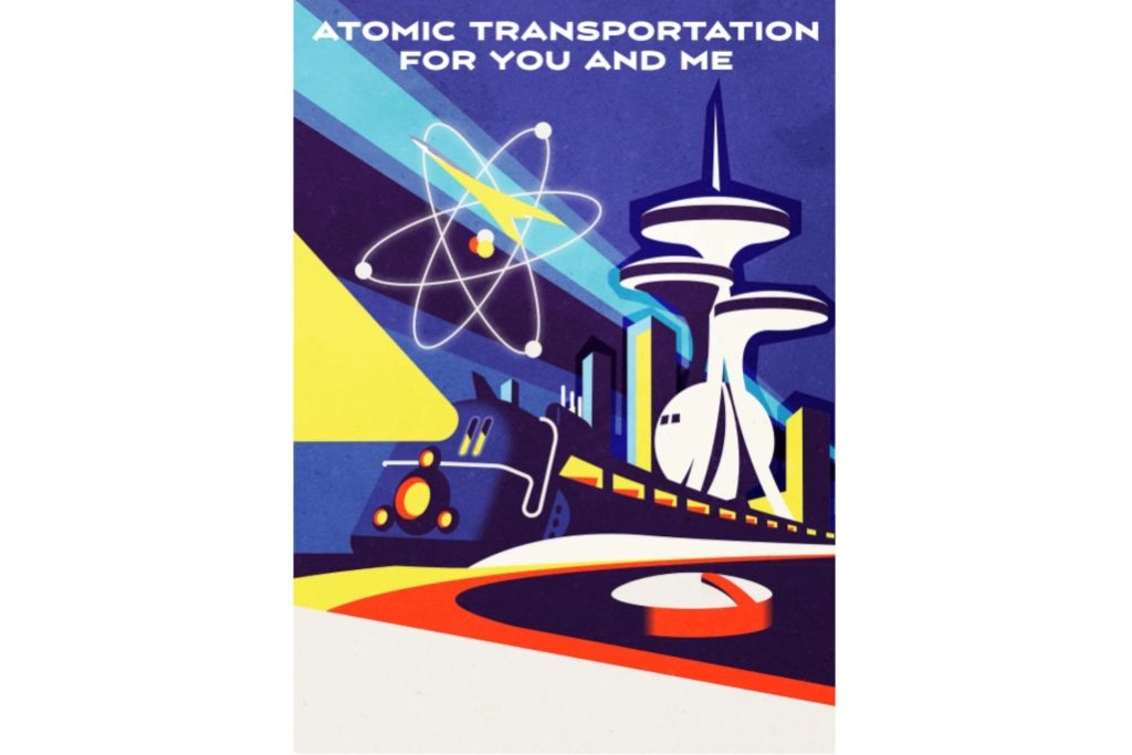 A retro-futuristic poster featuring a  stylized train, cityscape and atomic symbol.
