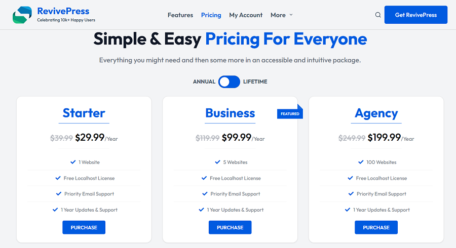 RevivePress pricing screenshot