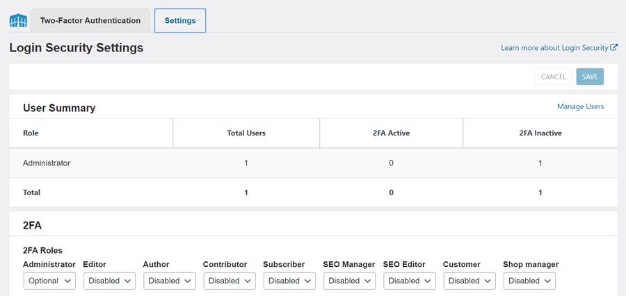 screenshot of security settings for two-factor plugin