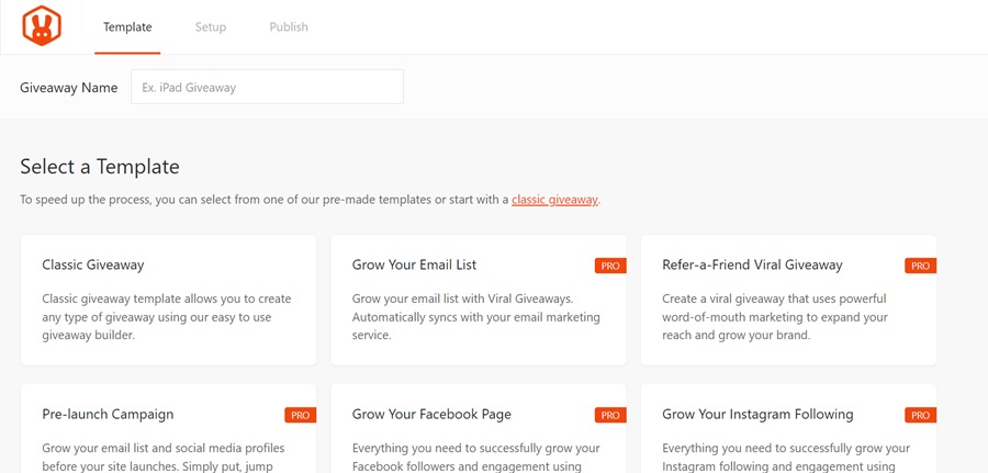 choose a template to create a giveaway in rafflepress screenshot of form