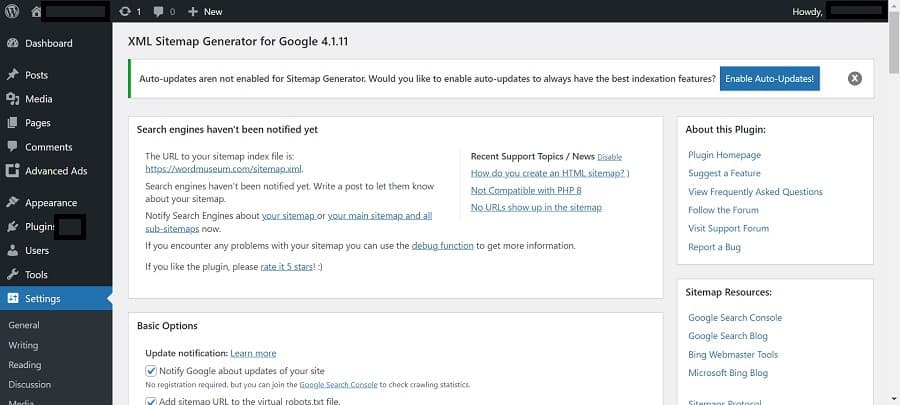settings xml sitemap generator