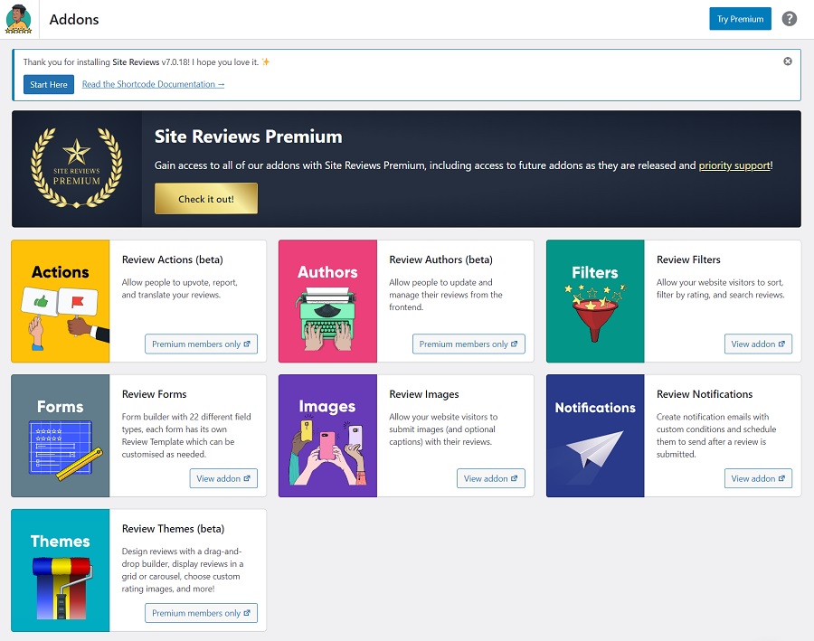 screenshot of site reviews plugin premium addons