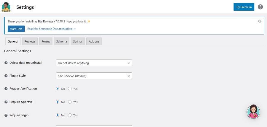 screenshot of site reviews plugin settings page