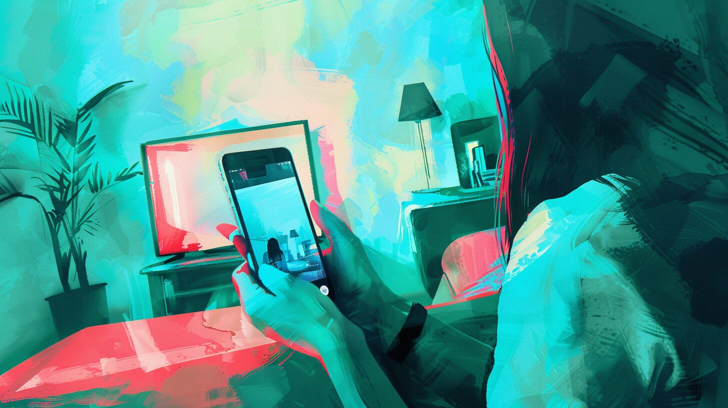 a girl holding her phone watching an online video