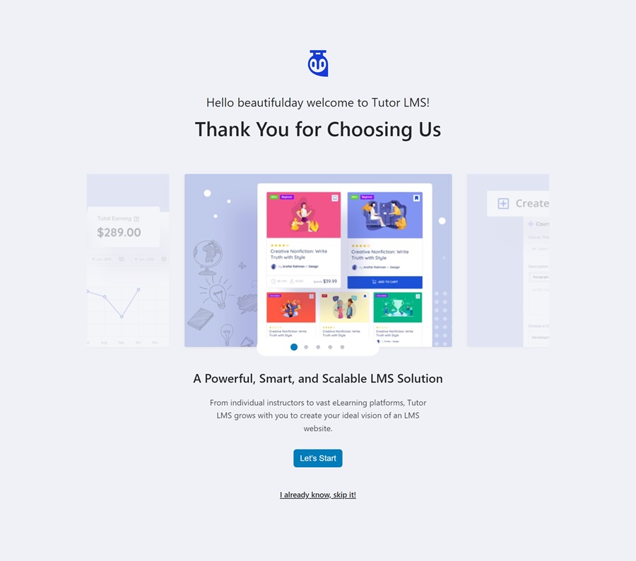 screenshot of start setup page for tutor lms