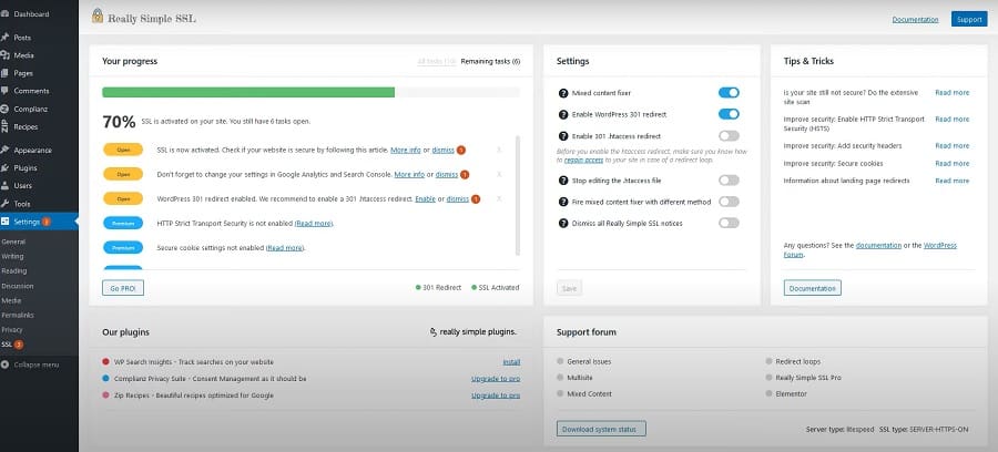successful really simple ssl wordpress plugin installation