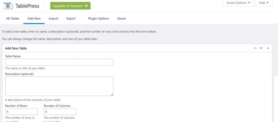 tablepress create new table