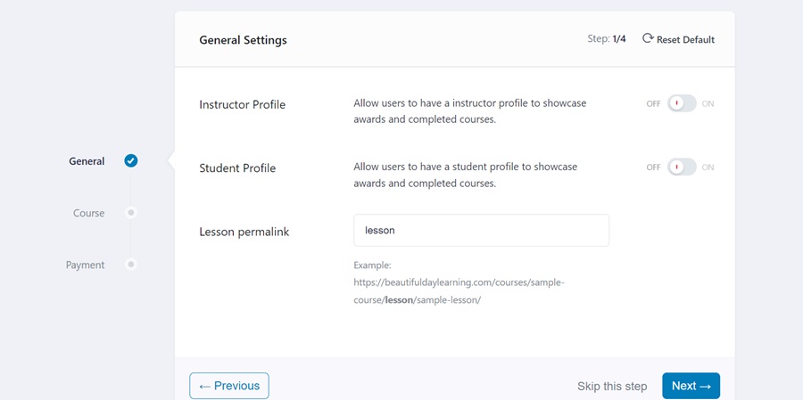 screenshot of step 1 general settings tutor lms