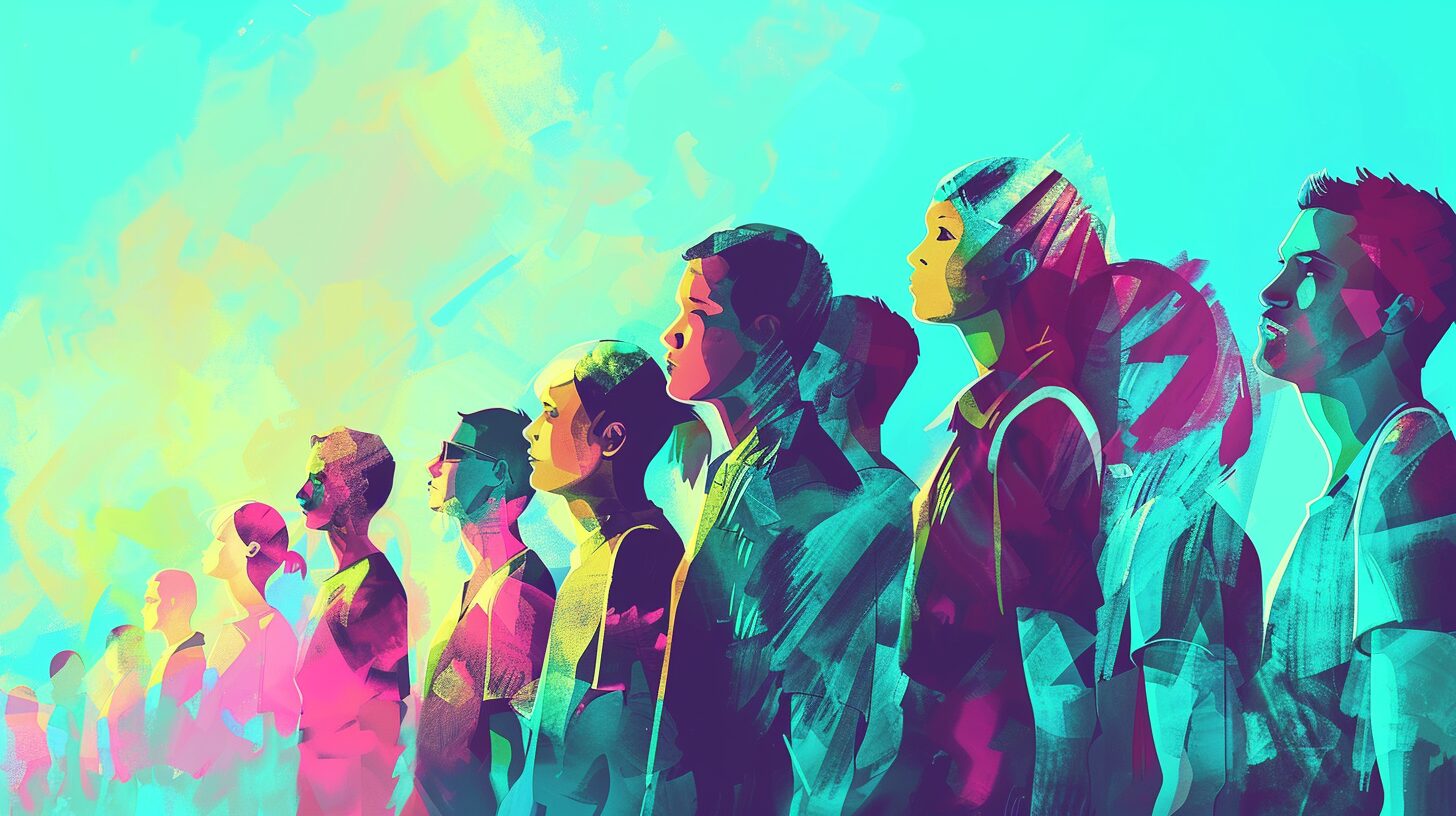 a group of people standing in a line