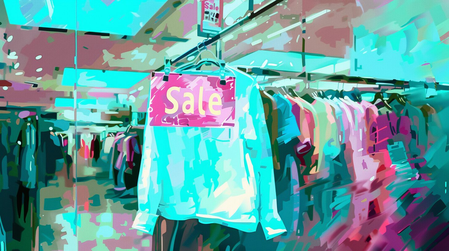 a watercolor depiction of a "Sale" sign hanging in a retail shop window