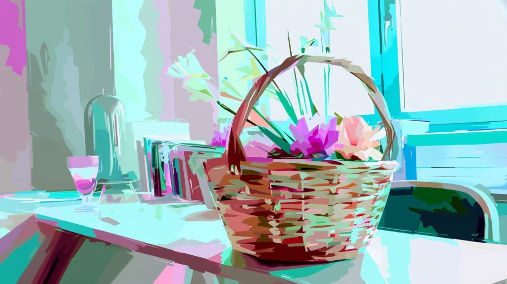 a watercolor depiction of a flower basket sitting on a work desk