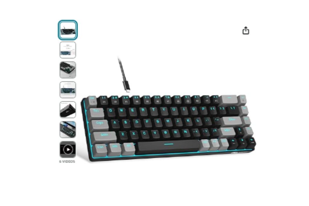 A black and gray keyboard with a blue backlight.