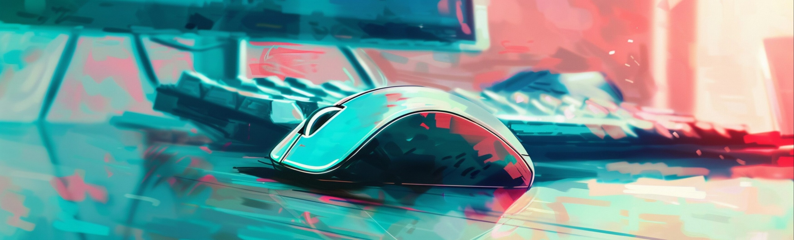 a wireless mouse sitting on a desk with a computer and keyboard in the background