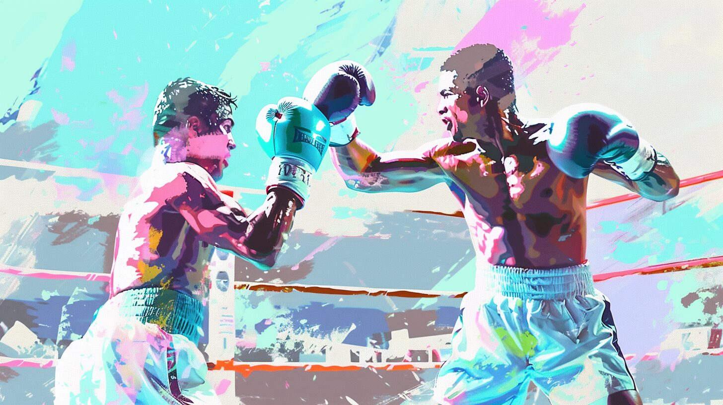 a watercolor depiction of two boxers fighting in a boxing ring