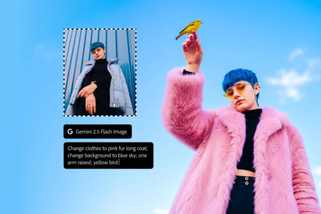 A photoshop AI demonstration of using Generative Fill to change the color of a person's jacket