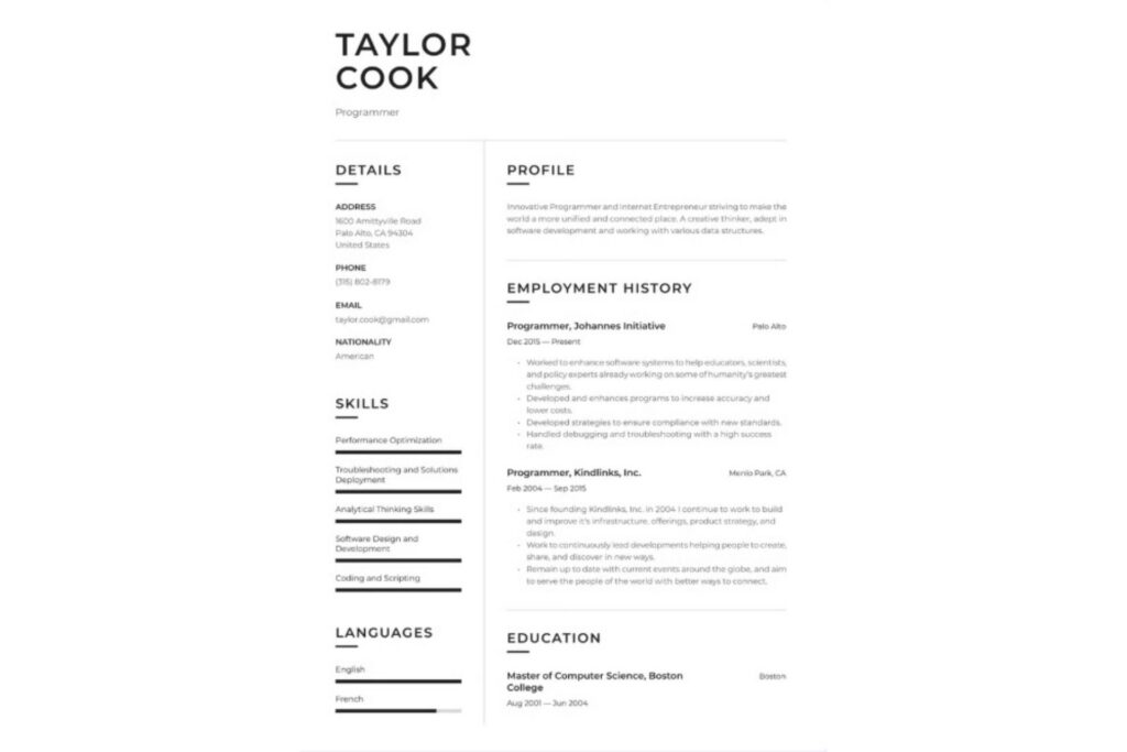 A minimal, single-column resume template