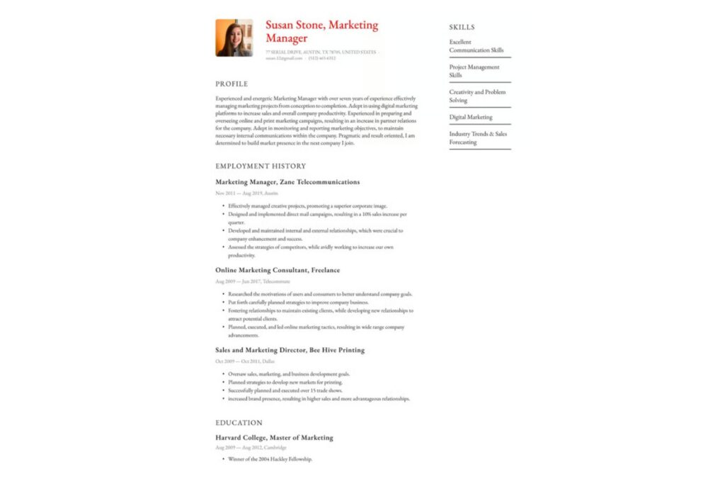 Traditional resume template with a clear profile section in an ATS-friendly layout