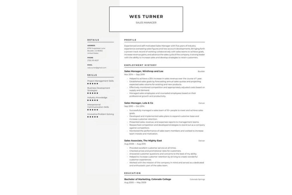 Resume template with a framed header and clearly seperated sections