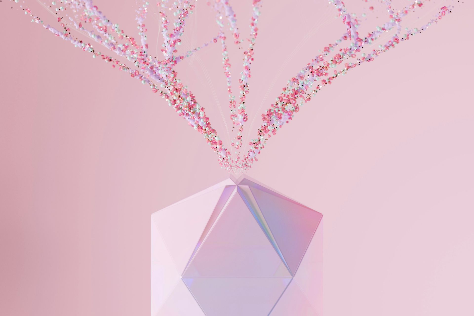 Abstract 3D geometric shape with colorful particle streams on a soft pink background