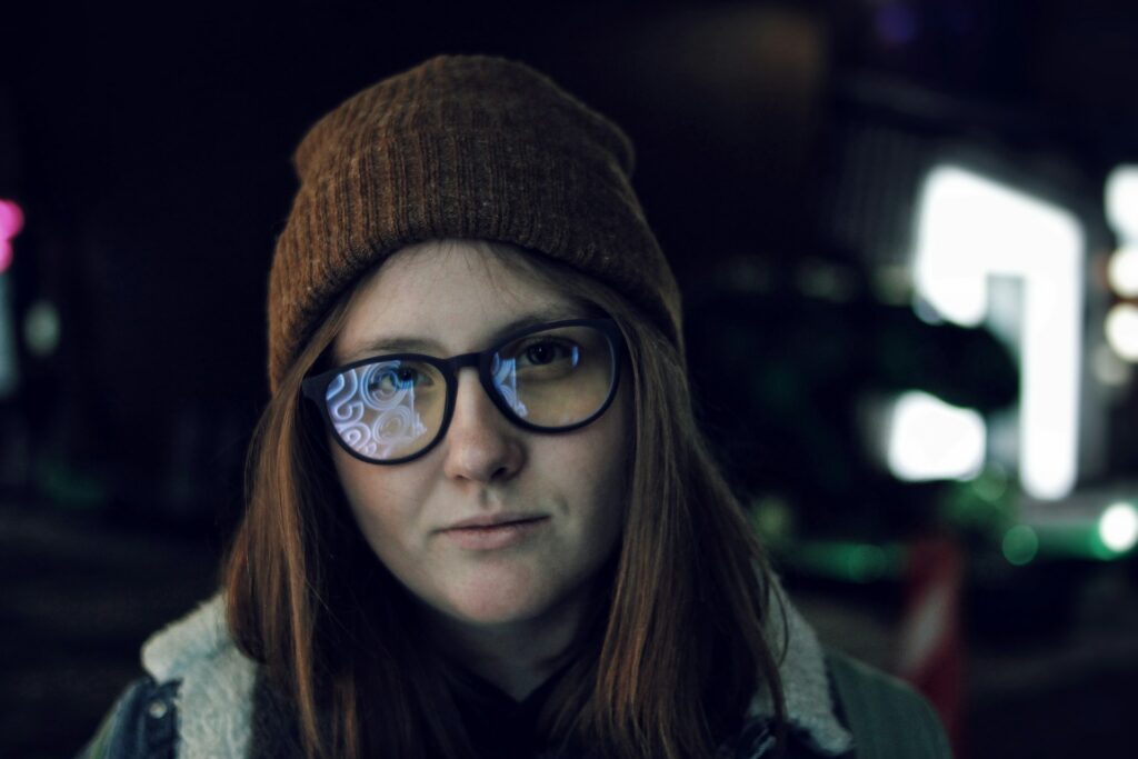 A woman wearing smart glasses