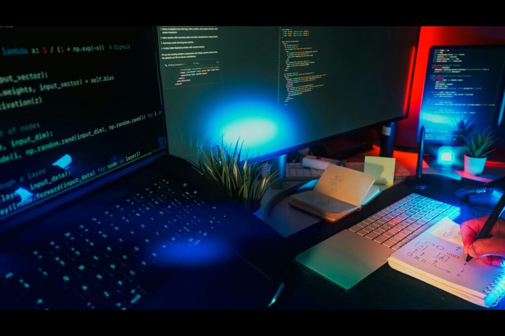 photo of a desktop in dark mode