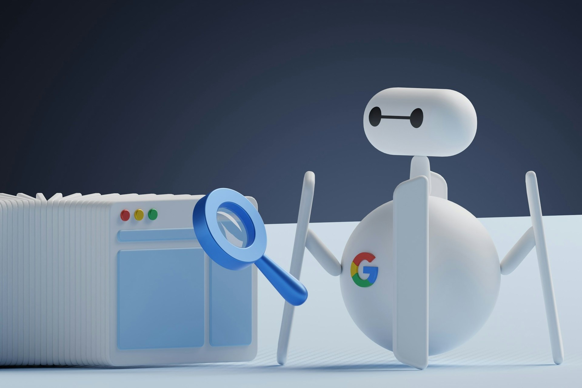 A white robot with a magnifying glass