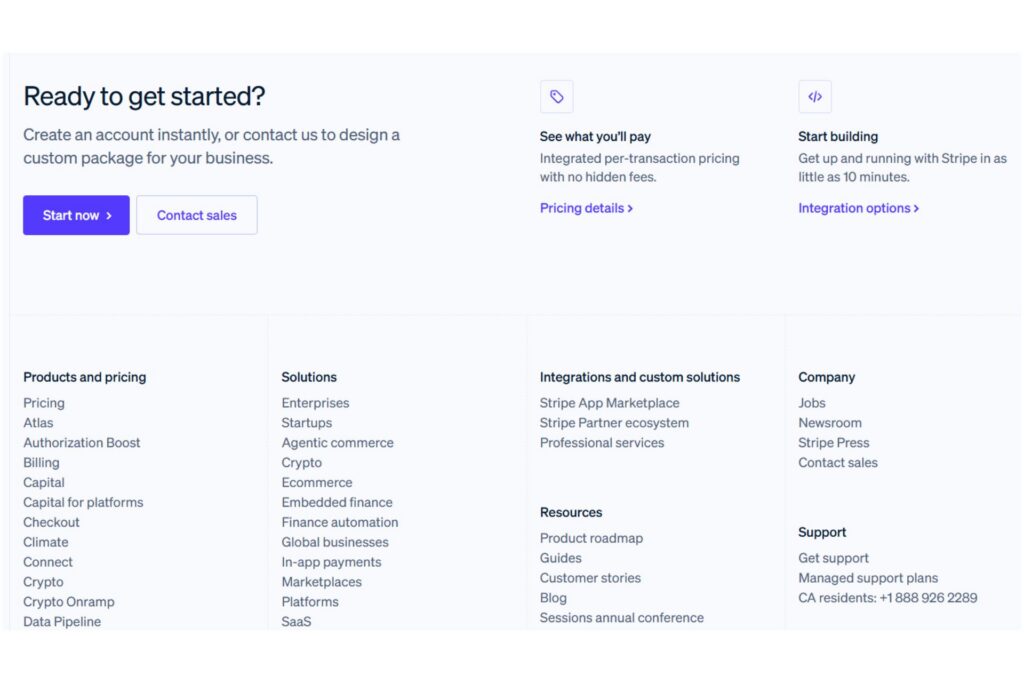 Stripe's website footer featuring a call to action section with buttons and links