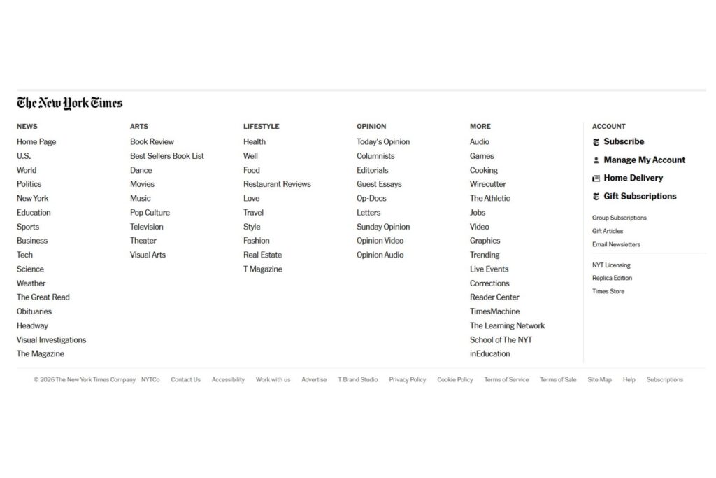 The New York Times website footer showing a multi-colum fat footer layout