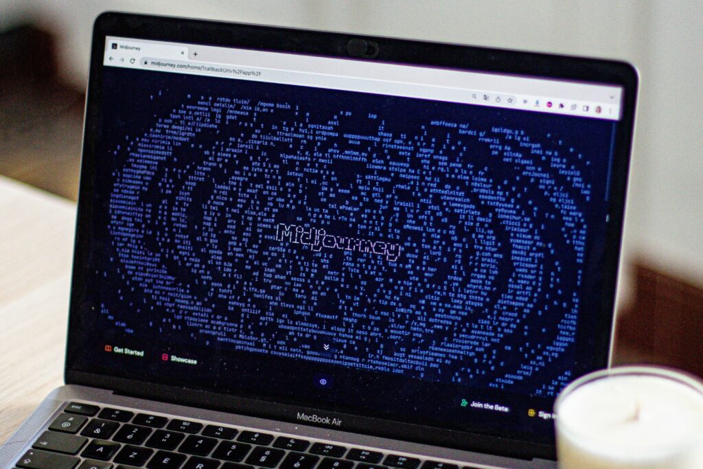 Laptop displaying Midjourney AI-generated logo interface with a blue abstract design on screen