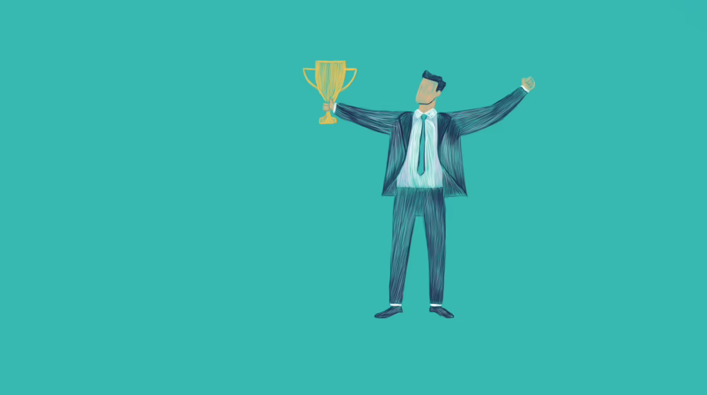 Cartoon of person in suit holding trophy