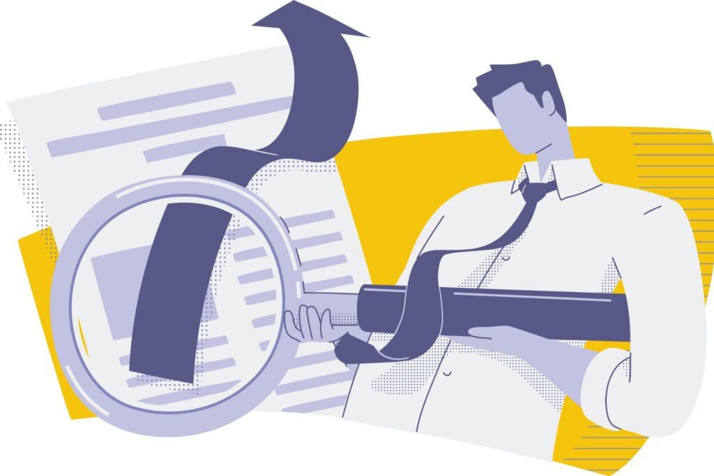 Illustration of a marketer using a magnifying glass to analyze content performance and growth.